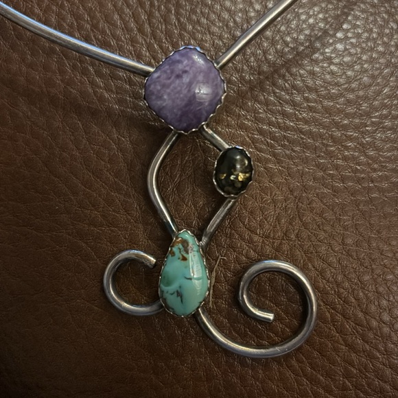 Native American Sterling and stone collar necklace - Picture 2 of 5